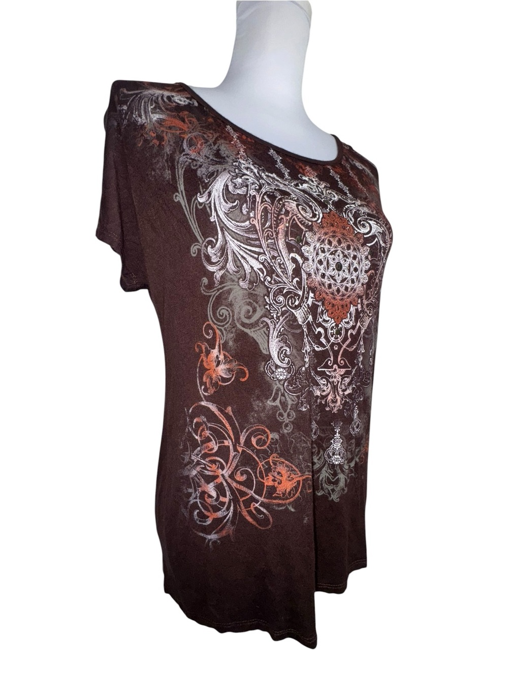 New Directions Brown Graphic Embellished Open Back Top Small Grunge Y2K - Picture 7 of 12